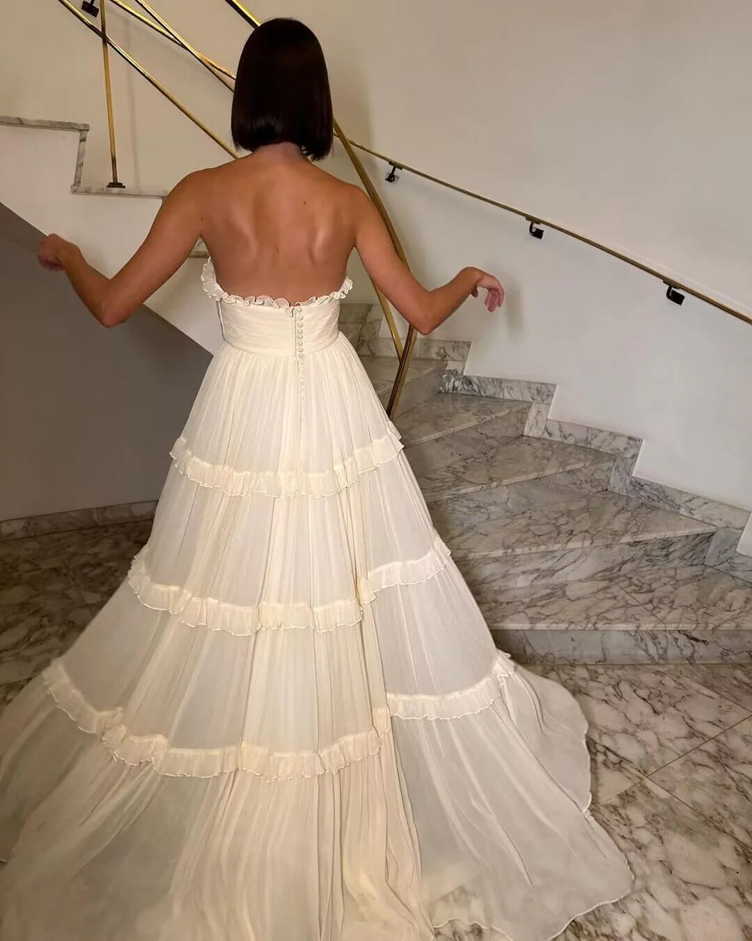 Weitese Formal Women's Dresses Strapless Beige A Line Long Chiffon Prom Dress Prom Dresses Stores